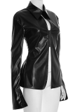 Black Sexy Solid Color Zipper Mandarin Collar Long Sleeve Two Pieces