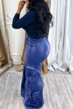 Blue Casual Solid Color Zipper Loose Mid Waist Conventional Patchwork Bottoms