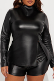 Black Casual Solid Color Slit O Neck Long Sleeve Two Pieces