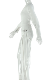 White Sexy Solid Color Strap Design Zipper V Neck Long Sleeve Two Pieces