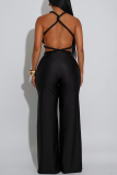 Black Sexy Solid Color Backless Halter Regular Jumpsuits