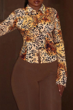 Leopard Print Casual Leopard Print Buckle Turndown Collar Tops