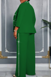 Green Casual Solid Color Beading Turn-back Collar Plus Size Tops