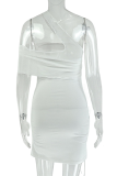 White Sexy Solid Color Hollow Out Asymmetrical Collar Wrapped Skirt Dresses