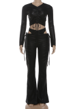 Black Casual Solid Color Hollow Out O Neck Long Sleeve Two Pieces