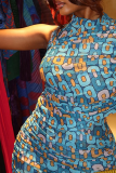 Blue Elegant Print Slit O Neck Long Dresses