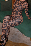 Leopard Print Casual Leopard Print Patchwork O Neck Long Sleeve Two Pieces
