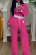 Rose Red Casual Letters Contrast O Neck Long Sleeve Two Pieces