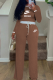 Khaki Casual Letters Contrast O Neck Long Sleeve Two Pieces