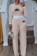 Cream White Casual Letters Contrast O Neck Long Sleeve Two Pieces