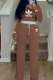 Khaki Casual Letters Contrast O Neck Long Sleeve Two Pieces