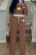 Khaki Casual Letters Contrast O Neck Long Sleeve Two Pieces