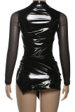 Black Sexy Solid Color Slit Zipper Turndown Collar Long Sleeve Two Pieces
