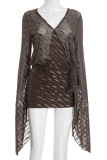 Brown Casual Stripe See-Through Strap Design V Neck Wrapped Skirt Dresses