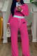 Rose Red Casual Letters Contrast O Neck Long Sleeve Two Pieces