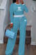 Sky Blue Casual Letters Contrast O Neck Long Sleeve Two Pieces