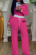 Rose Red Casual Letters Contrast O Neck Long Sleeve Two Pieces
