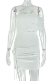 White Sexy Solid Color Hollow Out Asymmetrical Collar Wrapped Skirt Dresses