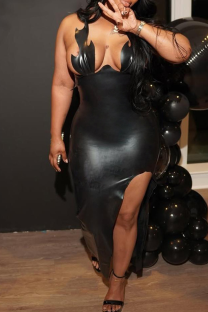 Black Sexy Solid Color High Slit Spaghetti Strap Long Dresses