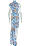 Blue Elegant Print Slit O Neck Long Dresses