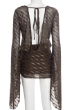 Brown Casual Stripe See-Through Strap Design V Neck Wrapped Skirt Dresses