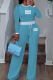 Sky Blue Casual Letters Contrast O Neck Long Sleeve Two Pieces