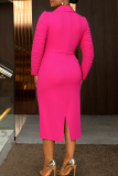 Rose Red Elegant Solid Color Patchwork V Neck Long Plus Size Dresses