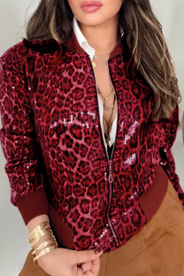 Red Casual Leopard Print Zipper Zipper Collar Outerwear