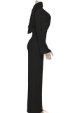 Black Casual Solid Color Backless Turtleneck Long Sleeve Two Pieces