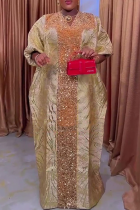 Champagne Casual Solid Color Sequins V Neck Long Dresses