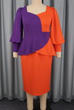 Orange Elegant Solid Color Contrast Asymmetrical Collar Wrapped Skirt Plus Size Dresses