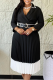 Black Elegant Solid Color With Belt Pleated Contrast Turndown Collar A Line Dresses