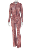 Red Casual Leopard Print Patchwork Turndown Collar Long Sleeve Two Pieces