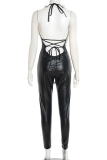 Black Casual Solid Color Backless Halter Skinny Jumpsuits