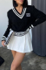 Black Casual Letters Contrast V Neck Tops