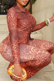 Red Casual Leopard Print Patchwork Turndown Collar Long Sleeve Two Pieces