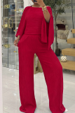 Red Casual Solid Color Patchwork Oblique Collar Long Sleeve Two Pieces