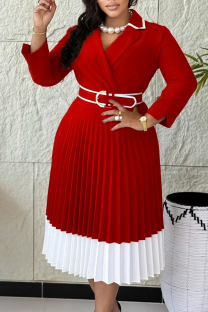 Red Elegant Solid Color With Belt Pleated Contrast Turndown Collar A Line Dresses