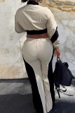 Khaki Casual Contrast Zipper Collar Long Sleeve Two Pieces