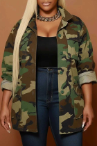 Army Green Casual Camouflage Print Buckle Turndown Collar Plus Size Overcoat