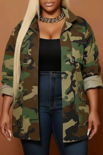Army Green Casual Camouflage Print Buckle Turndown Collar Plus Size Overcoat