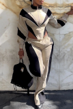 Khaki Casual Contrast Zipper Collar Long Sleeve Two Pieces