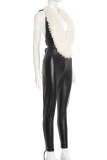 Black Casual Solid Color Backless Halter Skinny Jumpsuits