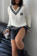 White Casual Letters Contrast V Neck Tops