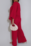 Red Casual Solid Color Patchwork Oblique Collar Long Sleeve Two Pieces