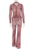 Red Casual Leopard Print Patchwork Turndown Collar Long Sleeve Two Pieces