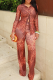 Red Casual Leopard Print Patchwork Turndown Collar Long Sleeve Two Pieces