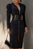 Black Casual Solid Color Zipper Turndown Collar Wrapped Skirt Dresses