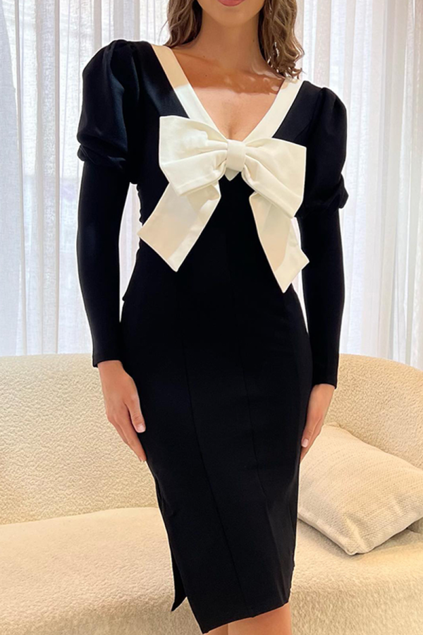 Black Elegant Bow Contrast V Neck Wrapped Skirt Dresses