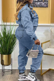 Blue Casual Solid Color Pocket Turndown Collar Long Sleeve Two Pieces